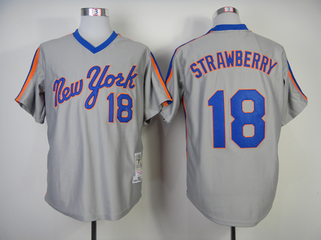 Men New York Mets 18 Strawberry Grey Throwback MLB Jerseys
